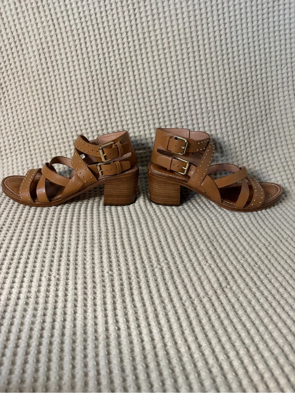 Sigerson Morrison Studded Leather Block Heel Sandals Tan Size 9B Designer Shoes - Picture 6 of 11